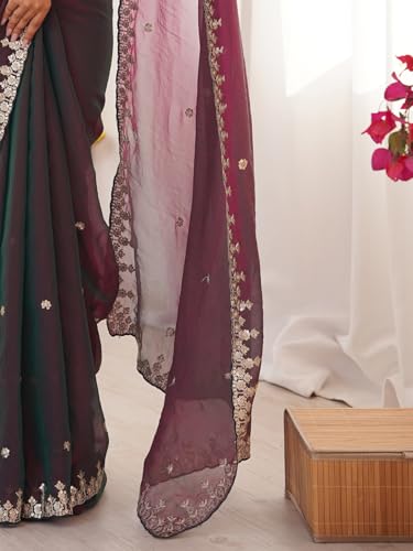 Image of AKHILAM Women's Shimmer Chiffon Sequence Embroidery Saree With Unstitched Blouse Piece(AARYAN21601 KR Parent)