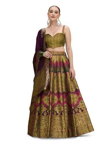 Image of PURVAJA Women's Kanjiwaram Semi-Stitched Lehenga choli