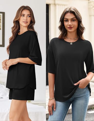 Image of Ekouaer Women's Two Piece Lounge Set Oversized Boxy T-shirt Casual Short Sets Summer Travel Matching Set 2026 Fashion