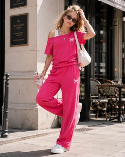 Image of Teen Girls Clothes Off the Shoulder Top and Wide Leg Pants Matching Outfit Set with Pockets Size 7-16
