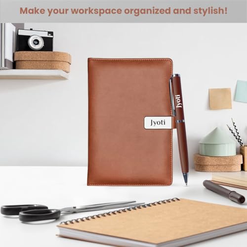 Image of Giftana Personalized Notebook Diary with Pen Gift Set for Men and Women, 2 in 1 Customized Office Diaries A5 Size Notebook, Diwali Gifts, Personalised New Year Corporate Gifts for Employees (Tan)