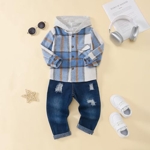 Toddler Boy Clothes Baby Boys Fall Winter Outfits Plaid Hooded Sweatshirt Ripped Holes Jeans Set 2-5T2