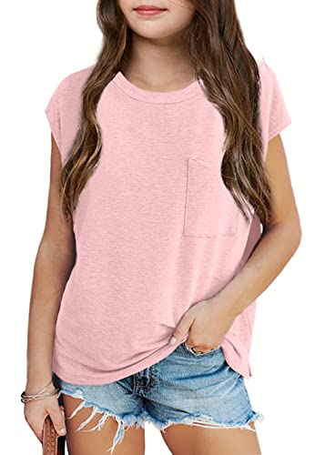 Image of Imily Bela Girls Cap Sleeve Summer Tops Casual Crewneck Loose Tshirts with Pocket