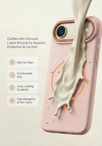 Image of amazon basics Luxury MagSafe Compatible Leather Texture Back Cover for iPhone 17 Air | Raised Camera Protection | Slim Fit Shockproof Case with Metallic Accents (Pink)