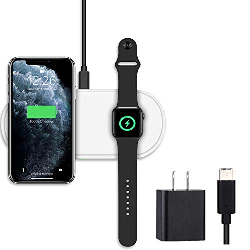 Portable Watch Charger for Apple Watch, 3 in 1 Dual Wireless Charger Pad, Apple MFI & Qi Certified Fast Charging Mat Compatible with AirPods,iPhone,Samsung,Apple Watch Series 6/5/4/3/2/1 QC Adapter