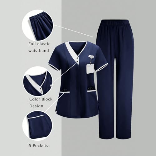 Image of 2026 Scrub for Cleaning Jobs Uniform, Multi Pockets Scrubs for Women Sets, V-Neck Top & Straight Leg Pants Scrubs Set