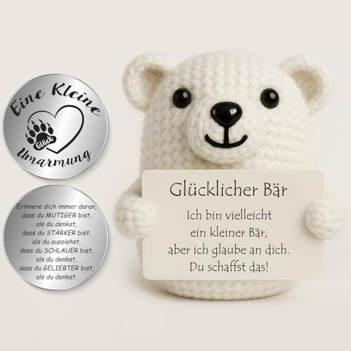 Tixlux Pocket Hug Glücklicher Bär Kreative Strickwolle Bär Figur und Kleine Umarmung Glücksbringer (Weiß) MutmacherGeschenk Gute Besserung Geschenk Abschluss Geschenk