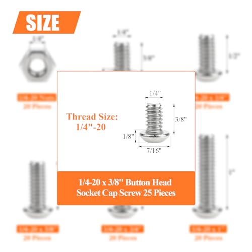 Image of 25 Pieces 1 /4-20 x 3 /8 inch Button Head Socket Cap Screws Bolts, HELIFOUNER 304 Stainless Steel (18-8) Screws, Bright Finish, Fully Threaded