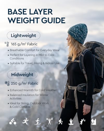 Image of MERINNOVATION Merino Wool Base Layer Set for Women 100% Merino Wool Thermal Underwear Sets Lite - Midweight Top Tank Bottom