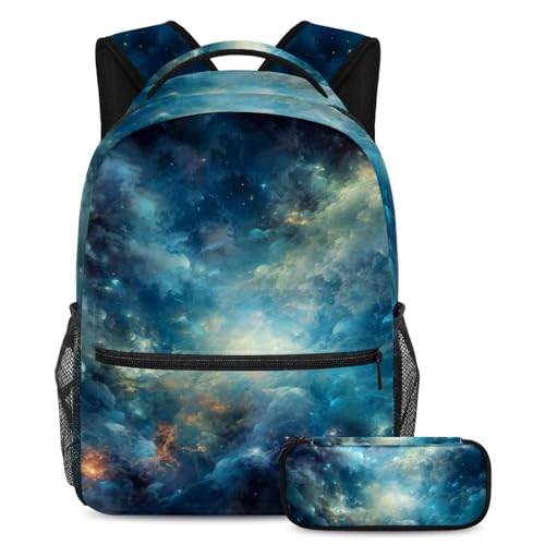 Sac à dos fille et garçon avec trousse imprimé galaxie bleue multicolore