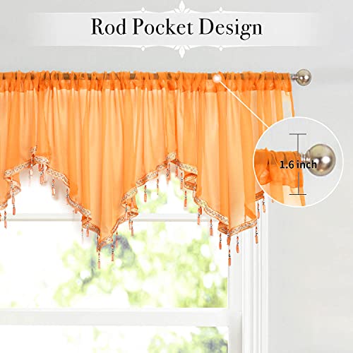 Wubodti Orange Sheer Valances Beaded Swag Kitchen Curtains For Cafe Bathroom Small Window 3 Pieces,Rod Pocket Voile Swags Valance For Girls Bedroom Nursery Dining/Living Room, 51 X 24 Inch Length #TOP1