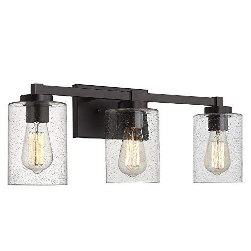 Beionxii Bathroom Vanity Lights, 3-Light Vintage Wall Sconce Light Fixtures, Oil Rubbed Bronze Finish with Clear Seeded Glass (24.5"W x 8.7"H) - MB9002 Series