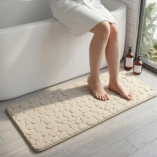 YIHOUSE Memory Foam Runner Rug, Cobblestone Bathroom Runner Rugs Super Water Absorbent Bath Mats for Bathroom Machine Washable Bath Rugs for Hallway Bedroom Laundry Room(20 x 47,Khaki) - image 1