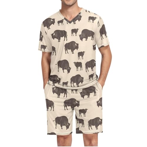 Mens Short Sleeve Pajama Set Vintage Bison Pattern Print 2-piece Lounge Sleep Sets Men's Sleepwear S-XXL - Main Image