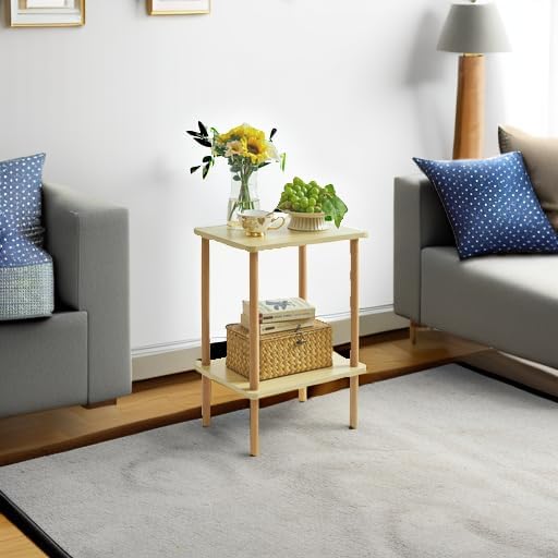Miniatura 6 de IBUYKE Mesa auxiliar de 2 niveles, mesa auxiliar alta de madera maciza con estantes de almacenamiento, mesita de noche para sala de estar,