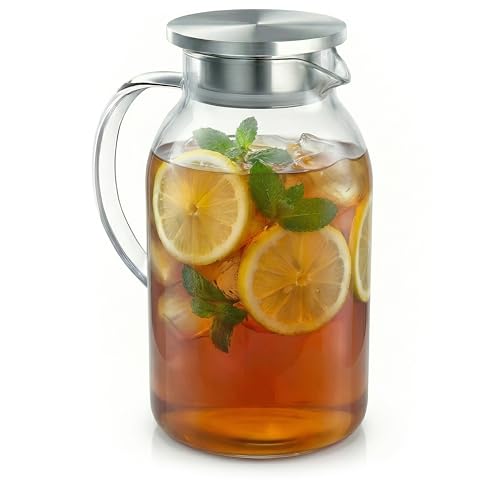 Arendo - Caraffa in vetro da 2,3 l con coperchio in acciaio inox – Caraffa in vetro – Resistente al calore fino a +150 °C – 2 litri – Caraffa per acqua resistente al calore e al freddo
