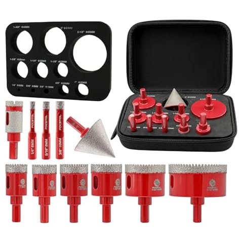 Diamond Core Drill Bit Set - FOCSTOL 11pcs (6/8/10/25/28/32/35/45/65mm+20mm Drilling Milling Bit+50mm Beveling Chamfer Bit) Hole Saw Kit for Porcelain Ceramic Tile Marble Granite with Triangle Shank Cover