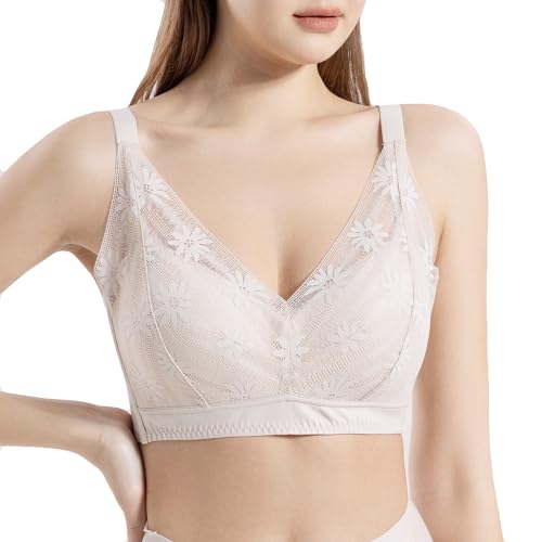 eoisedette Women's Mulberry Silk Bralette Bras, Wireless Lace Triangle Tops Minimizer Wire-Free Lifting Large Size, Off-white, L