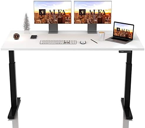 ALFA FURNISHING Quick Install Standing Desk, 55 X 28 Inches Dual Motor Electric Stand Up Desk, Adjustable Height Sit Stand Desk with Whole-Piece Desktop, 4 Pre-Set Memory(White Top+Black Frame)