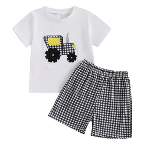 kacubwyy Toddler Boys Summer Clothes Funny Car Printed T-Shirt Plaid Shorts 2Pcs Little Kids Outfits Set (Black Shorts Set, 3-4 Years) Cover