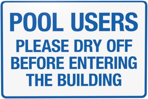 Zeasdacu Dry Off Before Entering Building Pool Sign, Facility Rules Retro Aluminum Pre-Drilled Holes, Leisure Guidance Plaque for Club Pool Apartment Amenity Swimming Area 12x8 Inch