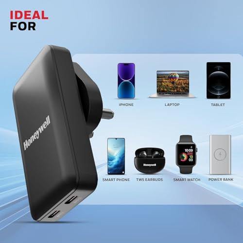 Image of Honeywell Zest Ultra-Thin GaN 65W Dual Type-C PD 3.0 Wall Charger with PPS Support, Ultra-Fast Charging, Compatible with iPhone, iPad Pro, Pixel, Galaxy, OnePlus, Tablets & Smartwatches | PPS Support, Ultra-Fast Charging, Compatible with iPhone, iPad Pro, Pixel, Galaxy, OnePlus, Tablets & Smartwatches