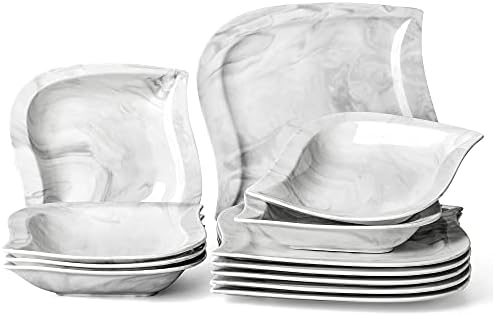MALACASA seria Elvira 12-częściowy serwis obiadowy, porcelana z marmurowym wzorem, serwis stołowy, zestaw naczyń z 6 talerzami płaskimi i 6 talerzami głębokimi