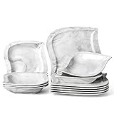 MALACASA, Serie Elvira, Marmor Porzellan Essservice 12 tlg. Kombiservice Tafelservice Set Geschirrset Teller Set mit 6 Speiseteller und 6 Suppenteller