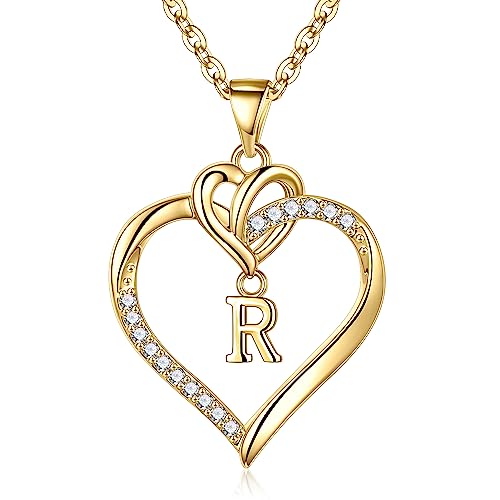 STORUP Gold Heart Initial Necklaces for Women, Heart Initial R Necklaces for Dainty Heart...
