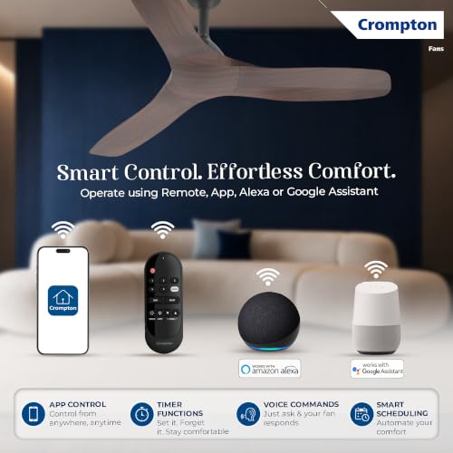 Image of Crompton Silent Pro Fluido Wave 1200mm iOT BLDC Ceiling Fan | Luxury Design | Wi-Fi, Bluetooth & Remote | Alexa & Ok Google | Fine Speed Tuning | Low Noise | 4 Year Brand Warranty | Sheesham Wood