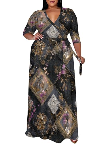Image of SUZONANA Plus Size Maxi Dresses for Curcy Women Casual Loose 3 /4 Sleeve Long Dress with Belt