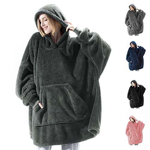 Wearable Blanket Hoodie Oversized Sweatshirt Blanket Cozy Warm with Giant Pocket Sherpa Hooded for Adult Women Men Dark Gray