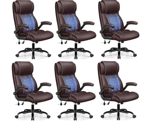 Image of BESTFAIR Ergonomic Computer Desk Chair, Inflatable Lumbar Support, Coffee | Neck & Lumbar Support for Prolonged Sitting, Flip-Up Arms, Wide & Deep Seat, Scratch-Resistant PU Leather, Tilt Swivel 6 Pack