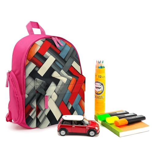 Diagonal Geometric Backpack Small Book Bag with Side Pocket, Lightweight Durable Backpack, Travel Rucksack, Pink-style3