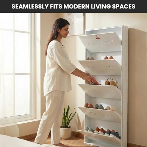 Image of Skywave luxury Wall Mounted Metal Shoe Rack with Lock - 1-2 Day Delivery | 5 Shelf, 25 Pairs | Heavy Duty Steel Shoe Cabinet | Central Locking | Space Saving | 3 Year Warranty (Ivory White, 26 Inches)