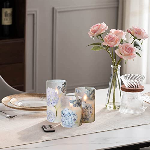 Image of Eldnacele Hydrangea Glass Flameless Candles with Remote and Timer, Realistic 3D Wick Flickering Real Wax LED Window Candle Battery Operated Dinner Wedding Spring Decorations(3 x 4,5,6 Inch)