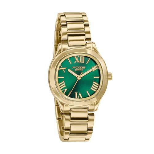 Image of Sonata Poze 8 Quartz Analog with Green Dial IPG Alloy Strap Watch for Women - SP80162YM01W