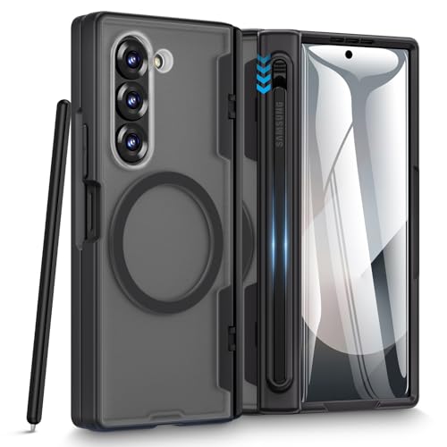 Caka for Samsung Galaxy Z Fold 6 Case [Thinner S Pen Holder Slot] [Magnetic Charging] [Hinge Protection] [Built-in Screen Protector] Translucent Hard Shockproof Magnet Phone Cover for Fold6 - Black