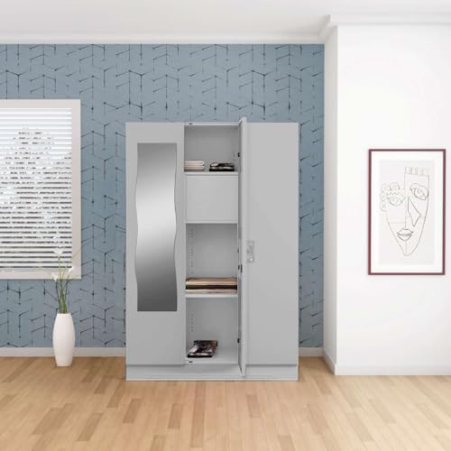Image of Interio by Godrej Almirah Slimline 3-Door Steel Almirah, Cupboard for Clothes (Royal Ivory), 1-Year Warranty, 7 Shelves, 1 Locker, Curvilinear Mirror