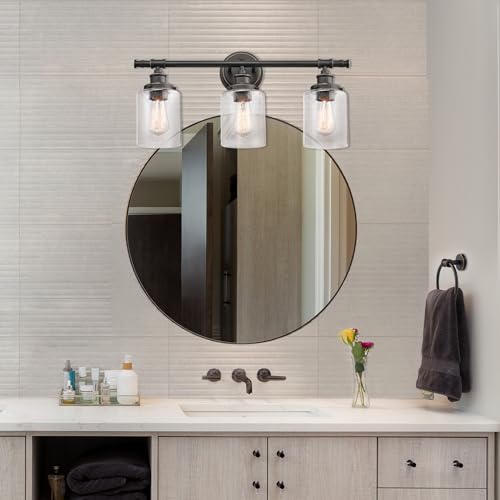 Image of Globe Electric 51415 Camden 5-Piece All-in-One Bathroom Set, 3 Vanity Light with Seeded Glass Shades, Bar, Towel Ring, Robe Hook, Toilet Paper Holder, Bronze