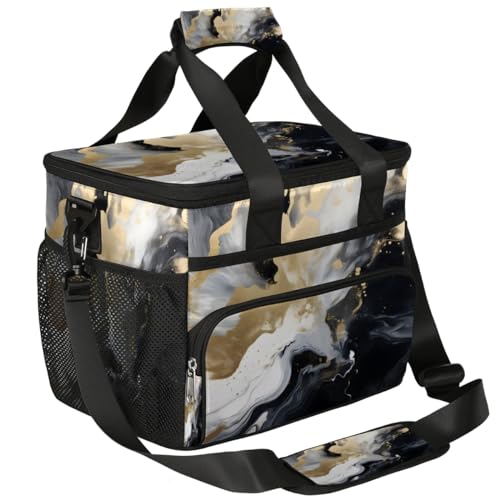 Black White Gold Skin Insulated Picnic Backpack Lunch Box for Women Men Picnic Basket Tote Lunch Bag Picnic Bag Portable Lunch Bags for Picnic, Beach, Work, Trip,Office, Camp Liquid Marble Texture