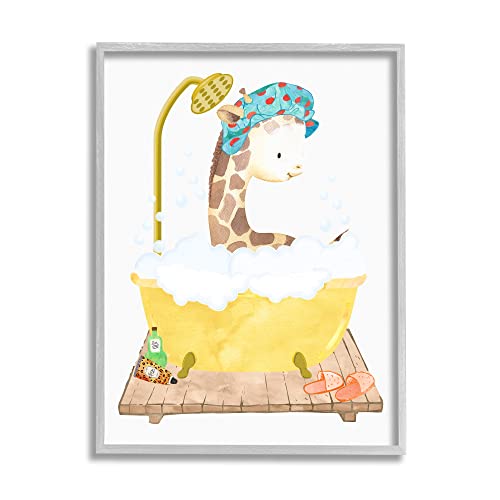 Stupell Industries Children's Giraffe Animal Bubble Bath Yellow Bathroom Grey Framed Wall Art, White