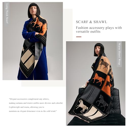 Winter Scarf Cashmere Shawl Color Blocked Plaid Retro Horse Pattern Reversible Scarf With Tassel Pashmina Stole Wrap 5
