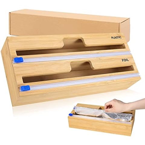 Foil Dispenser With Cutter Bamboo, Wood Wrap Dispenser, Bamboo Tin Foil Wax Paper Roll for Kitchen Drawer, Foil Organizer Holder (2 in 1 dispenser foil) Cover