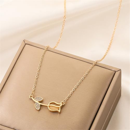 Image of coadipress Tulip Flower Pendant Necklace for Women Dainty Elegant Boho Temperament Crystal Tulip Necklace Trendy Statement Friendship Jewelry