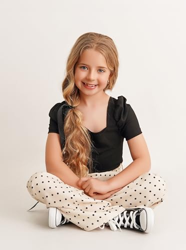 Image of Hilinker Girls 2 Piece Outfits Square Neck Puff Sleeve Top and Pants Summer Cute Clothing Set Black Beige 9-10Y