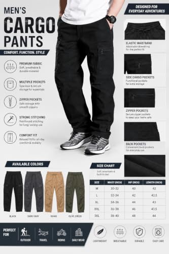 Image of Men's Pure Cotton Cargo Pants | Regular Fit Multi-Pocket Utility Trousers for Men | Solid Cargo Bottom Wear with Zip Pockets | Comfortable Casual Outdoor Wear