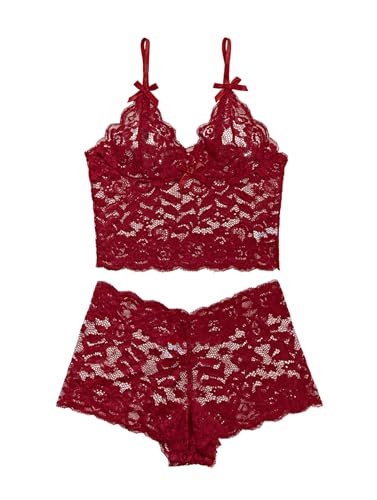Image of Lilosy Sexy Sheer Floral Lace Pajamas Lingerie Set High Waist Sleepwear Bra and Panty 2 Piece Nightwear