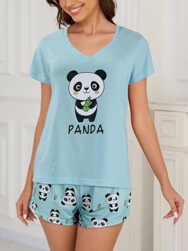 Image of YIJIU Women Short Sleeve Tee and Shorts Pajama Set Cute Alpaca Print Sleepwear
