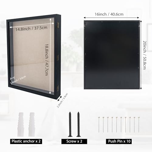 Image of GraduationMall 16x20 Wood Shadow Box Frame Glass Door Display Case with Linen Back and 6 Stick Pins,1.5 inches Interior Depth,Ideal for Memorabilia Pictures Flowers Medals Tickets Rustic Black